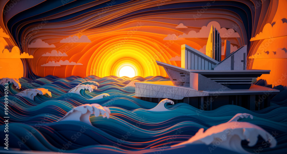 Obraz premium Modern architectural building on ocean waves at sunset. Stylized paper cut art with layered depths and vibrant colors. Creative concept for travel and luxury real estate marketing.