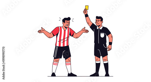 Football referee showing yellow card to angry player vector illustration, a soccer referee displaying a yellow card to a frustrated football player, indicating a foul.
