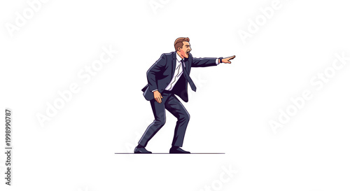 Angry football manager shouting and pointing vector illustration, a male soccer coach or manager in a suit, expressing intense emotions, giving directions or yelling.