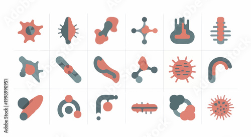Collection of abstract scientific and medical icons representing cells and viruses.