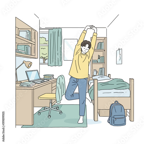 Young adult stretching in dorm room, college lifestyle, minimalist vector illustration, yellow and green color scheme