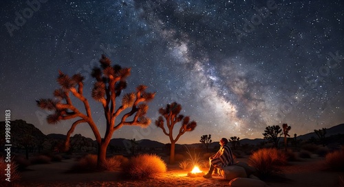 A serene night scene in Joshua Tree National Park, featuring a lone person by a warm campfire under the breathtaking Milky Way galaxy.