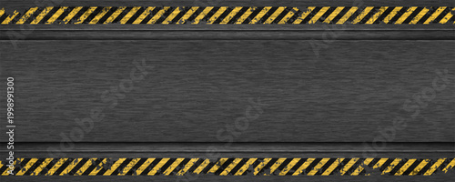 Industrial warning background with yellow and black stripes. Grunge caution tape frame on dark metal texture. Vector illustration.