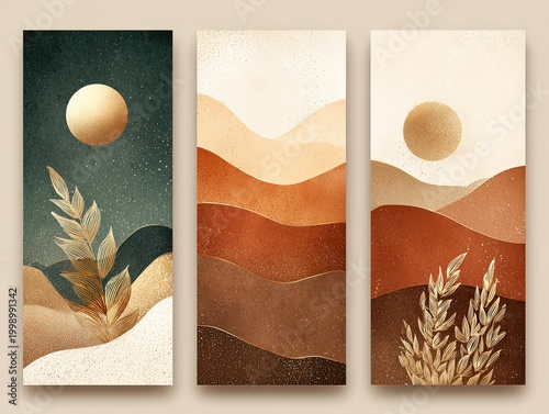 Triptych desert landscape with sun plants.