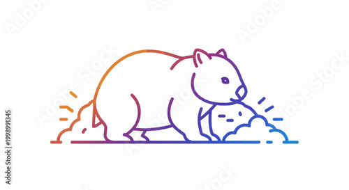 Wombat digging a burrow with colorful gradient outline, cute animal illustration