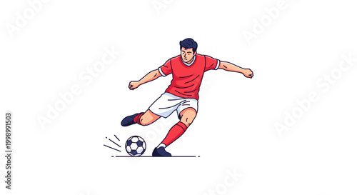 Energetic soccer player in red uniform powerfully kicks football, displaying dynamic motion on white background.