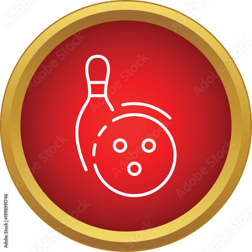 White line art bowling pin and ball on a red round button