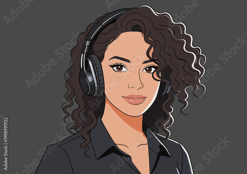 Flat cartoon portrait of female podcast host with headphones