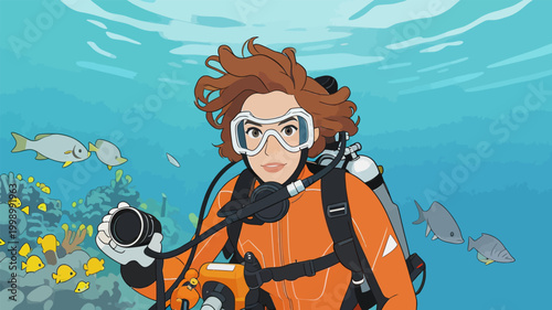 Female diver conducting underwater photography in coral reef environment