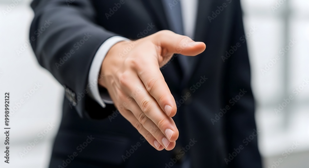 Fototapeta premium Close-up of a well-dressed businessman extending his hand for a handshake, symbolizing partnership, agreement, and professional greeting.