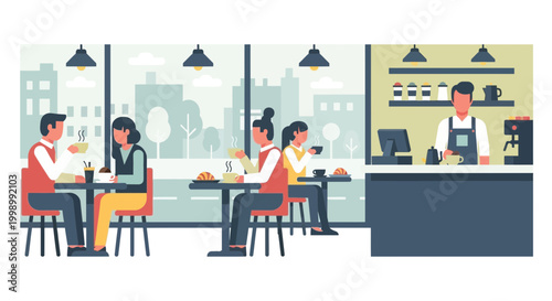 Modern Cafe Interior with People Working and Barista Serving Coffee Flat Illustration