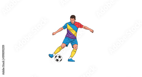 Soccer player kicking ball on white background vibrant outfit sports activity action dynamic pose athlete training goal game outdoor recreational pursuit healthy lifestyle.