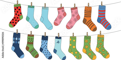 Colorful socks hanging on clothesline collection patterned footwear vector illustration laundry concept cozy clothing design set isolated