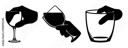 Glass handle set with solid black icon against white background featuring fragile glass, handle, care with caution and safety
