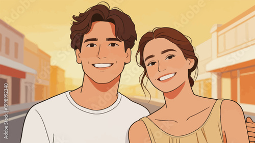Smiling Young Couple Posing on Retro Street
