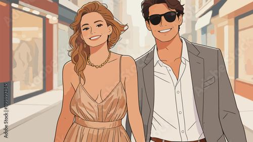 Stylish Couple Walking Together on City Shopping Street