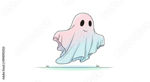 Cute cartoon ghost character smiling.