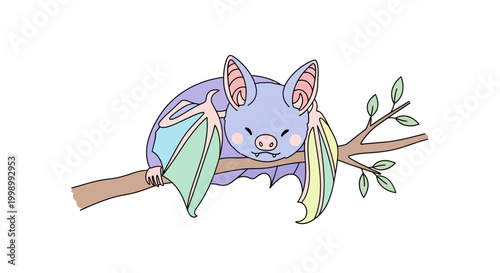 Cute purple cartoon bat hanging.
