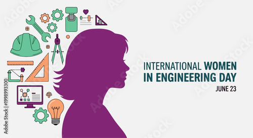 Celebrating International Women in Engineering Day with a silhouette of a woman engineer and engineering icons
