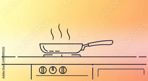 Cooking on stovetop, steam rising from frying pan, kitchen interior, culinary concept