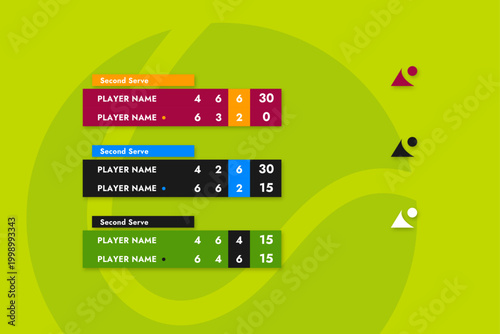 Vector tennis scoreboard broadcast elements set for live streaming player score bars and tournament name lower thirds