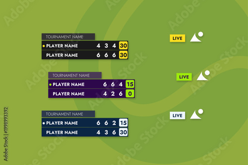 Tennis scoreboard broadcast elements set for live streaming, player score bars and tournament name lower thirds, flat vector illustration
