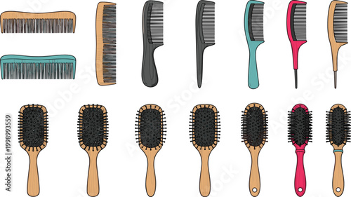 Diverse Hair Care Vector Set Featuring Various Styles of Plastic and Wooden Combs and Bristle Hairbrushes Isolated on White Background for Grooming Designs