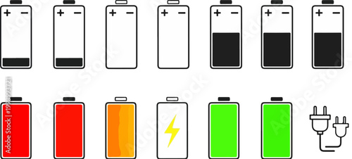 Minimalist battery status icon set, colorful energy level indicators and charging symbols, flat vector collection for mobile UI and web interface design