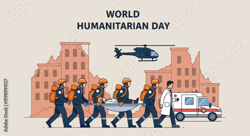 Illustration of World Humanitarian Day with diverse aid workers and emergency response scene in urban environment