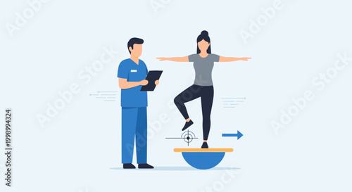 Physical therapist observing patient balance training on unstable surface