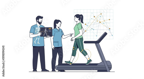 Physical therapy patient on treadmill with doctors analyzing gait and X-ray