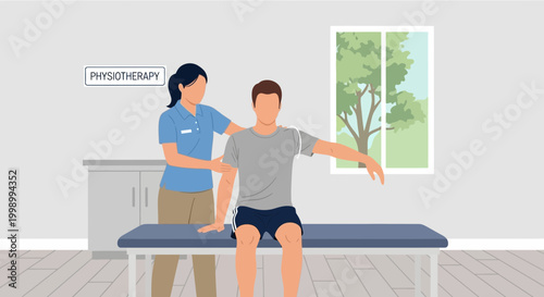 Physiotherapist assisting patient with arm rehabilitation exercise on a therapy table