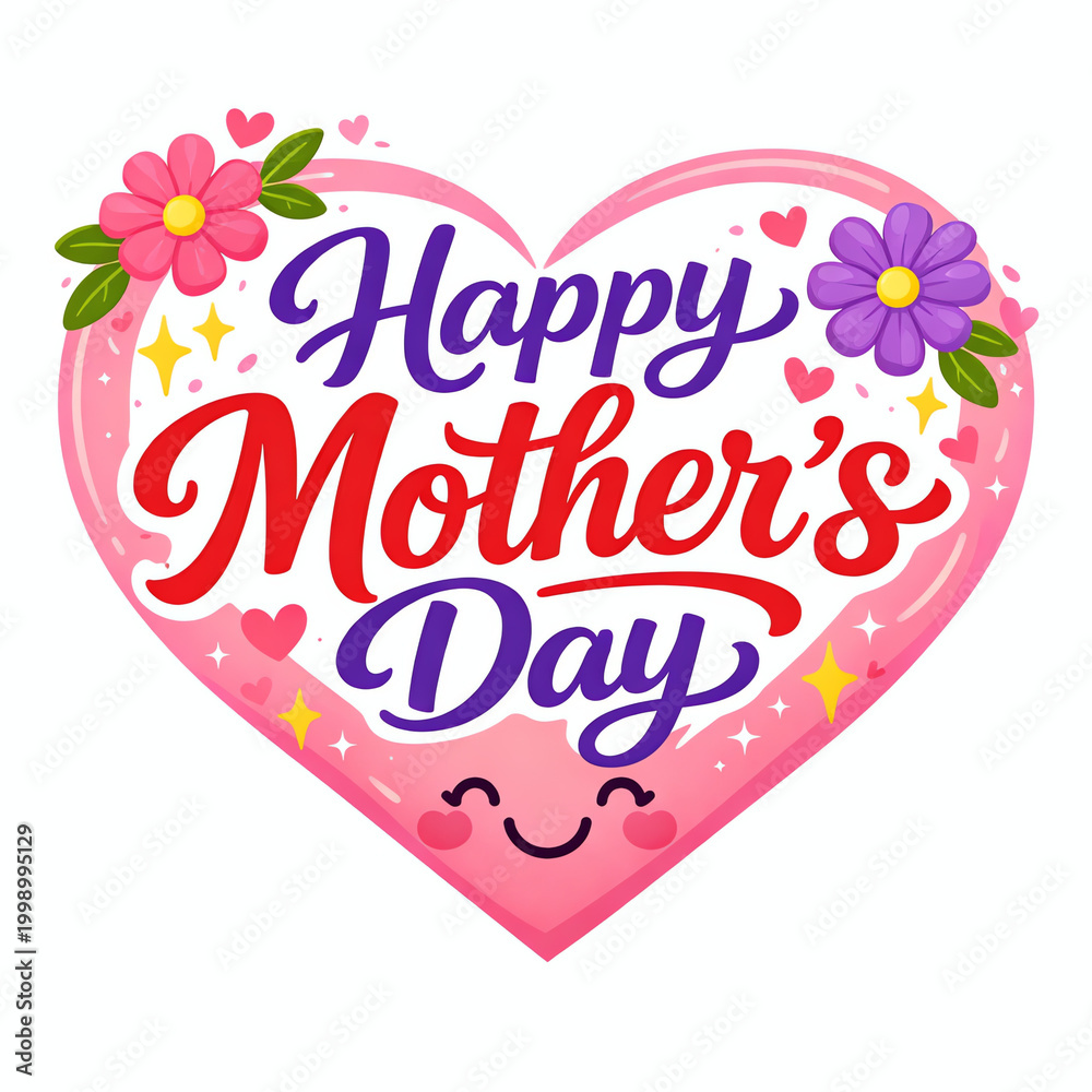 Fototapeta premium Cute Happy Mother's Day heart illustration with floral decoration and typography