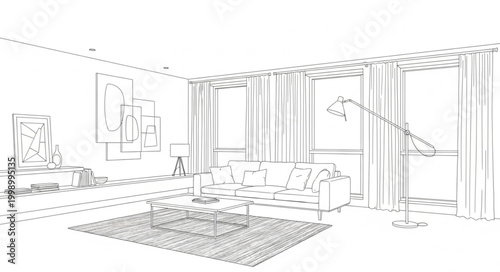 Modern Living Room Interior with Large Windows and Minimalist Design.