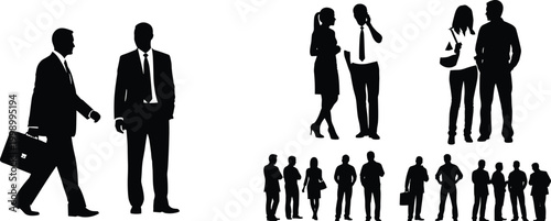 Professional business people silhouettes standing together in groups, networking, communicating, and interacting in workplace corporate environment illustration