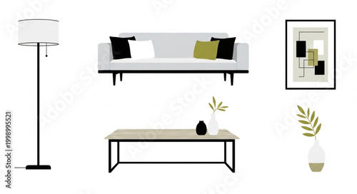 Modern Living Room Interior with Sofa Coffee Table and Floor Lamp.
