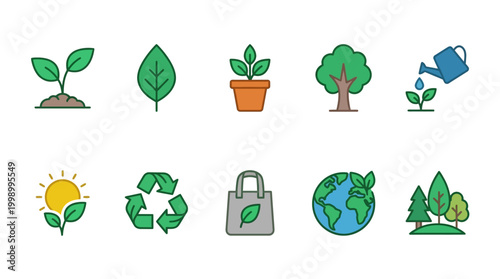 Collection of vibrant environmental and nature conservation icons.