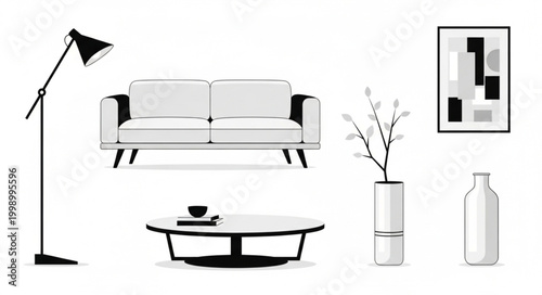 Modern Living Room Sofa Coffee Table and Floor Lamp.