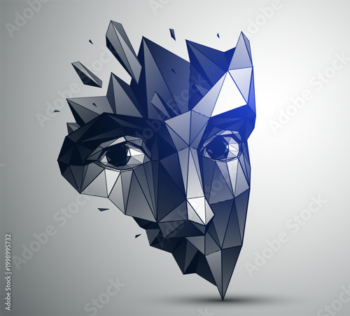 Low poly polygonal portrait of human face breaking into fragments, abstract geometric explosion of shattered pieces, modern digital illustration.