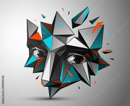 Low poly polygonal portrait of human face breaking into fragments, abstract geometric explosion of shattered pieces, modern digital illustration.
