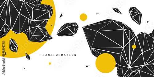 High contrast black and yellow polygonal composition showing structural transformation, fragmentation and reconstruction of form, balance between order and disruption.