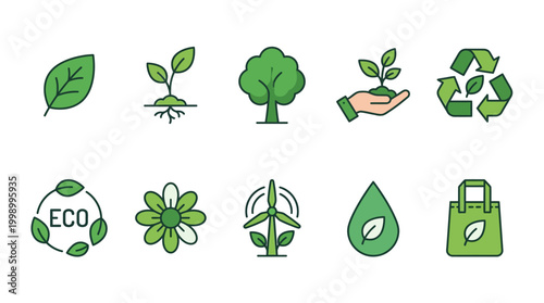 Eco friendly environmental sustainability icons set representing nature conservation.