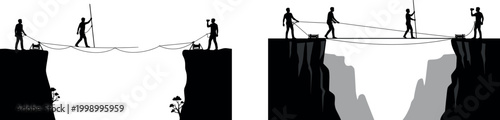 Silhouette workers crossing mountain cliff gap with rope bridge teamwork manual labor danger heights engineering construction project
