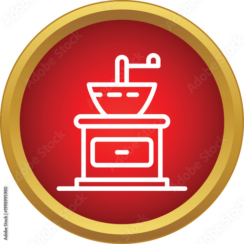 White outline of a vintage manual coffee grinder on a red background with gold border