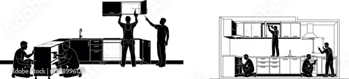 Silhouette workers assembling kitchen cabinets with teamwork manual labor carpentry furniture installation shelves woodworking interior home project

