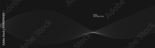 Grey abstract background, vector wave of flowing particles over black, curvy lines of dots in motion, technology and science theme, airy and ease futuristic illustration.