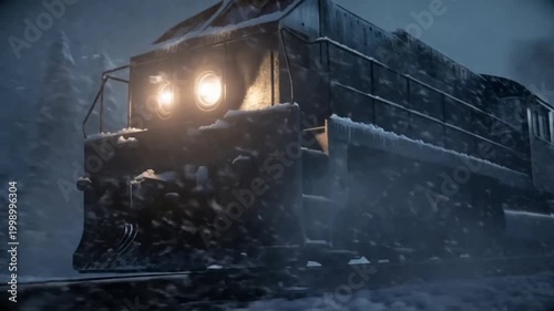 Tracking shot of locomotive engine plowing through heavy snow on mountain rails in forest at night during blizzard