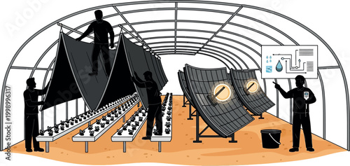 Silhouette workers installing solar panels in greenhouse with teamwork manual labor renewable energy engineering agriculture technology structure project