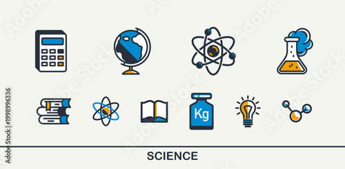 Science vector detailed icons set, physics and chemistry bundle, mathematics and geography study education.