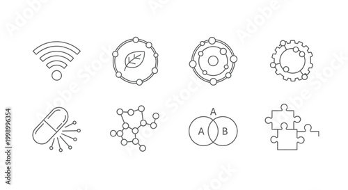 Science and connectivity thin line icon set featuring wifi signals organic molecules atomic structures medical pills and logical puzzle pieces